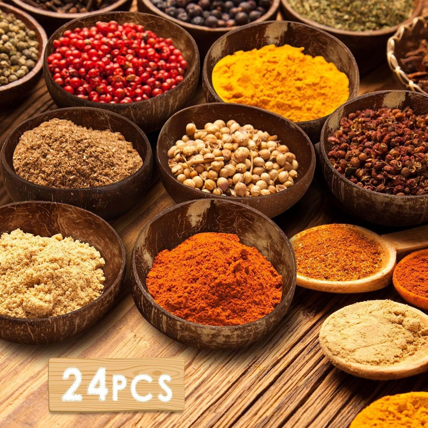 Large 24-Piece Set of Polished Coconut Bowls - Ideal for Salads and Smoothies