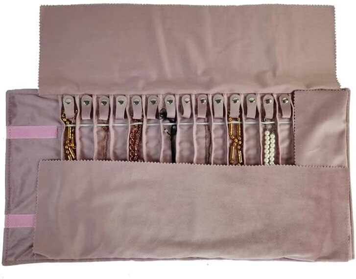 Elegant Portable Jewelry Roll in Embroidery Pink Velvet - 16 Holder Capacity