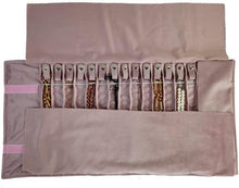 Load image into Gallery viewer, Elegant Portable Jewelry Roll in Embroidery Pink Velvet - 16 Holder Capacity