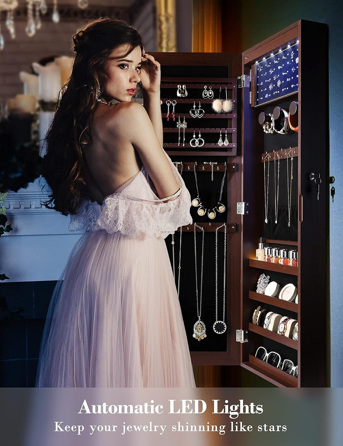 Stylish Brown LED Jewelry Organizer with Velvet Pockets - Perfect Christmas Gift