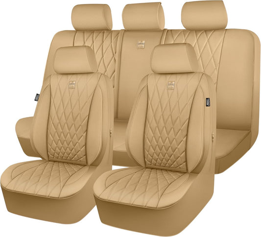 Ergonomic Universal Fit Leather Seat Covers in Pure Beige - Full Set for 5 Seats