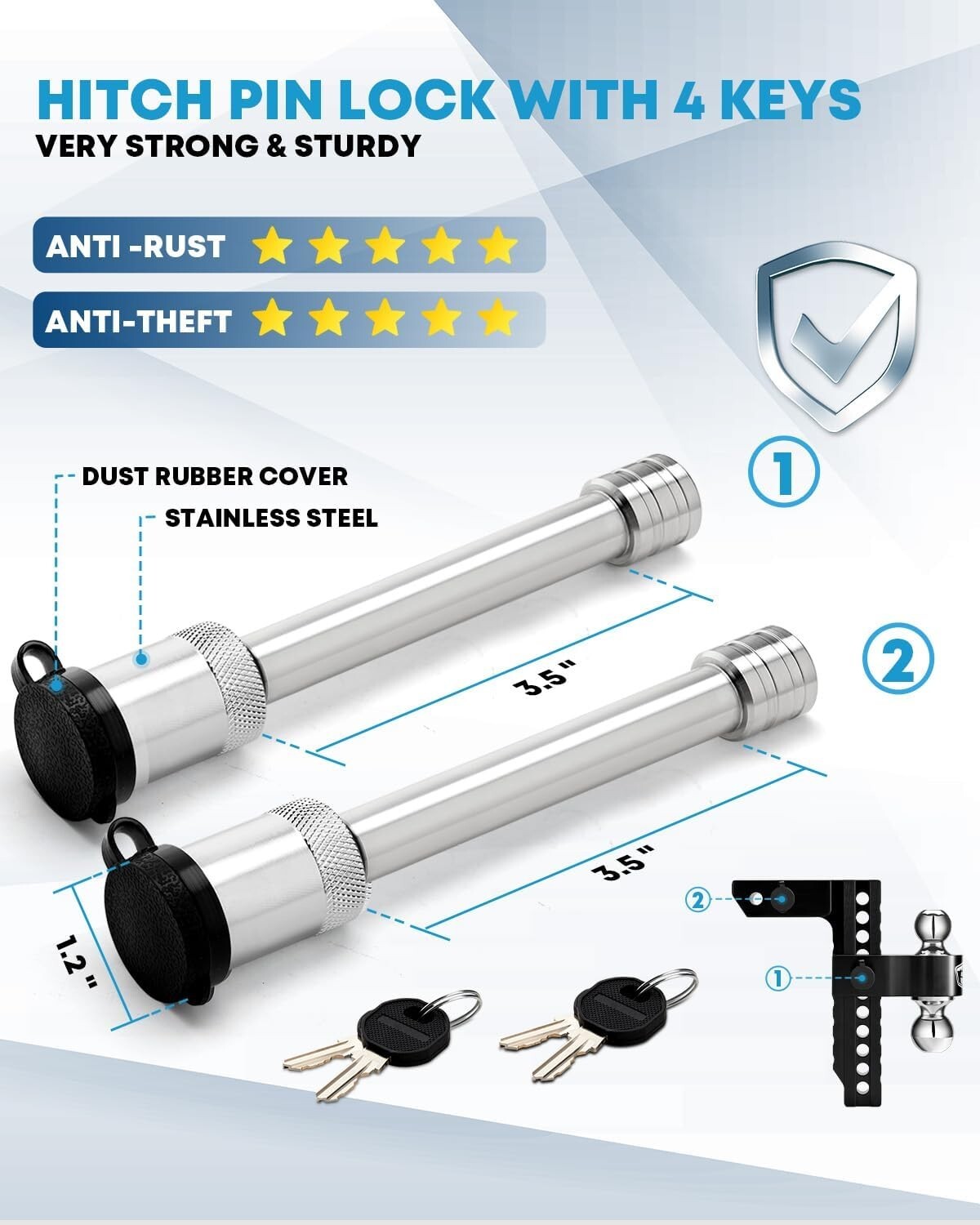 Aluminum Tow Hitch with 10" Adjustable Drop/Rise & Silencer Pads Included