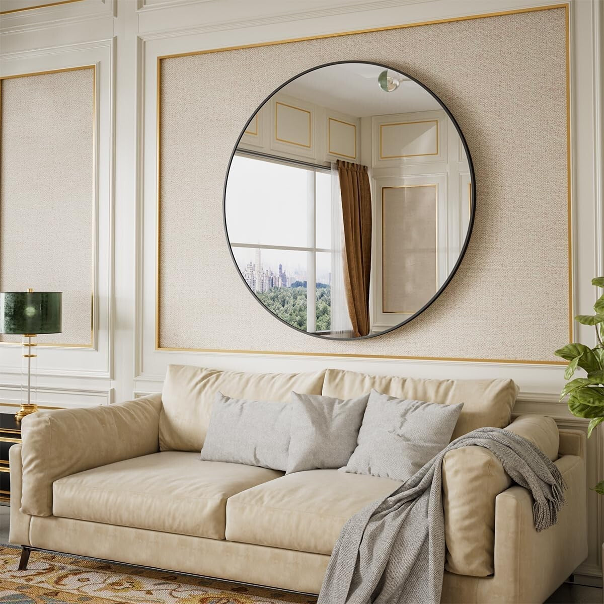 42-Inch Round Wall Mirror - Elegant Black Aluminum Frame for Versatile Decor