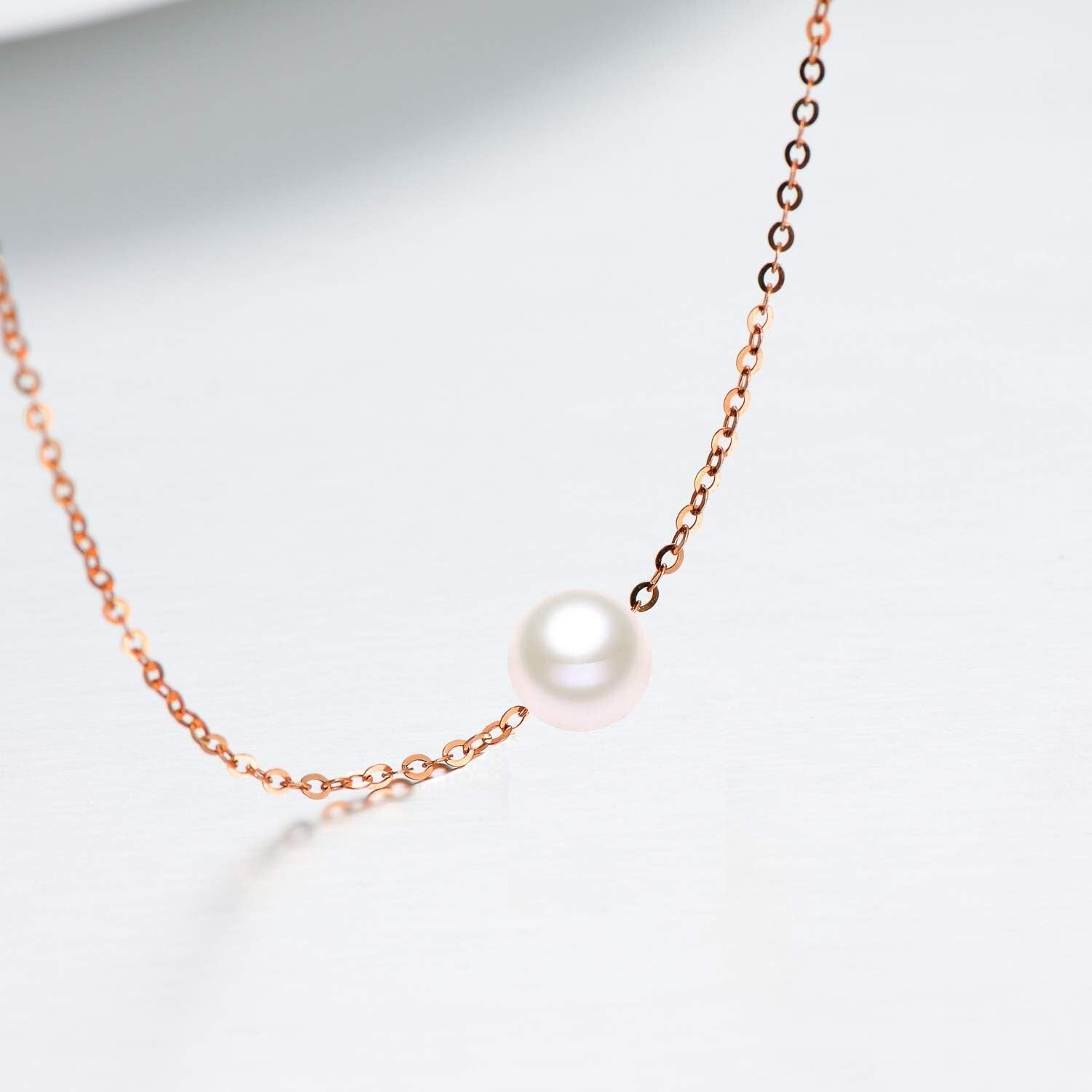 Dainty 14K Gold Pearl Pendant Necklace with Adjustable Rolo Chain 16-18"