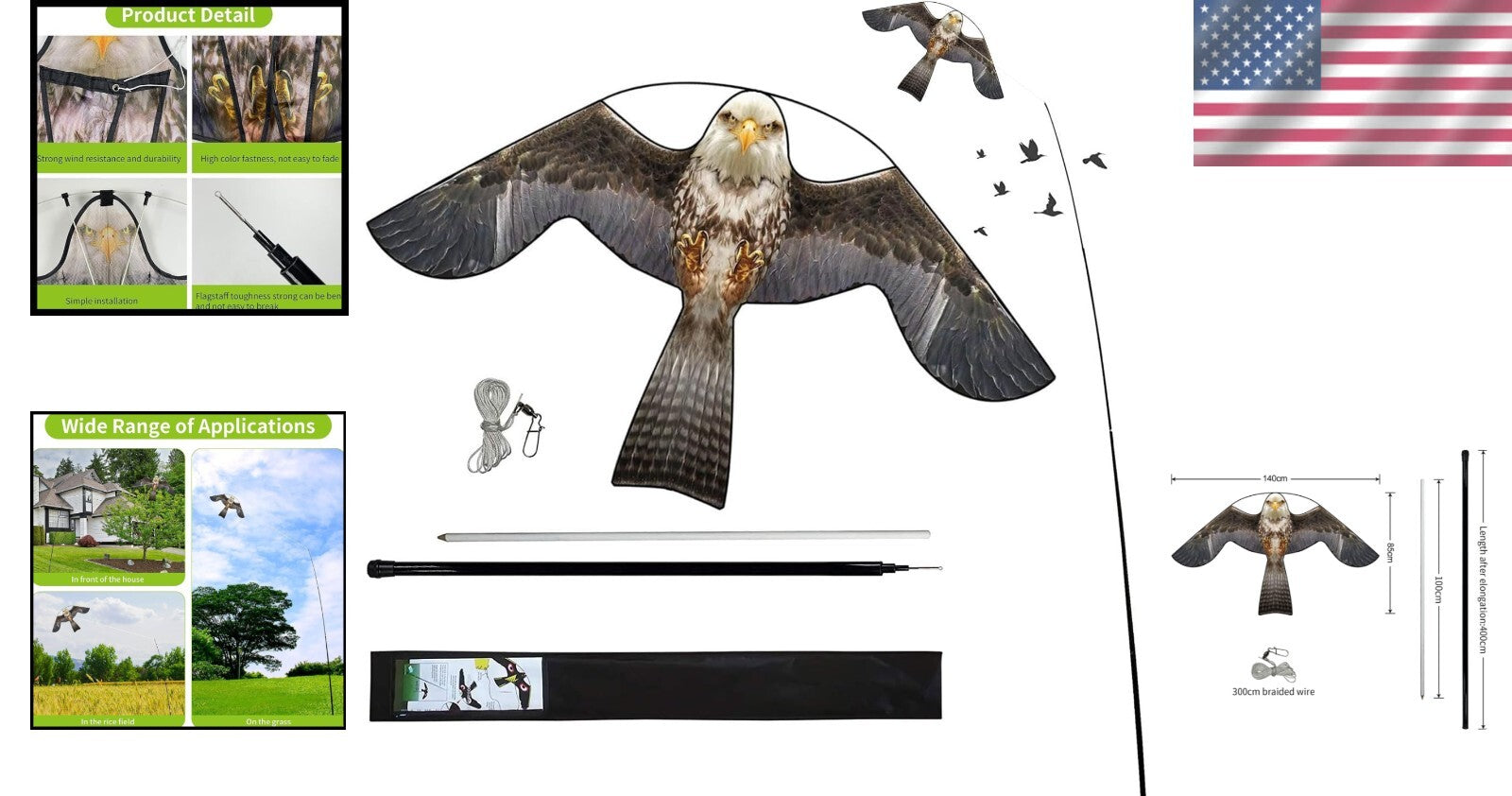 47" Hawk Bird Scaring Kite with Telescopic Pole - Pigeon Deterrent for Farms