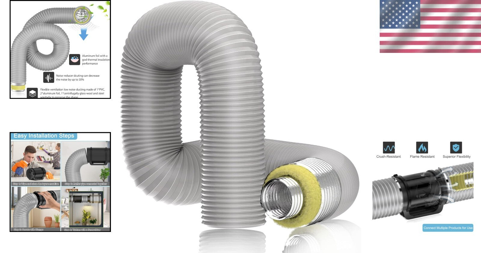 Premium 8 FT Insulated Flexible Duct 6'' - Ideal Noise Reducer for AC Systems