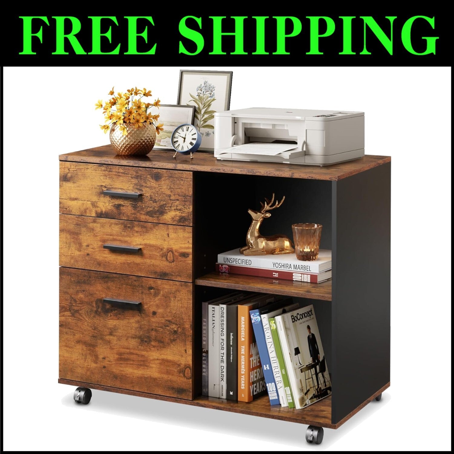 Rustic Brown 3 Drawer Mobile File Cabinet & Printer Stand with Open Shells