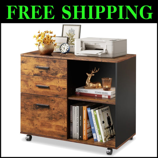 Rustic Brown 3 Drawer Mobile File Cabinet & Printer Stand with Open Shells