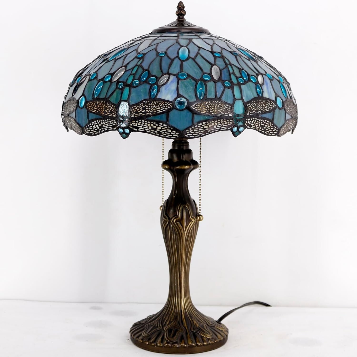 Antique Bronze Dragonfly Tiffany Lamp - Sea Blue Stained Glass Shade 16x24"