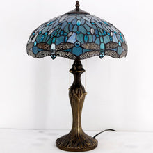 Load image into Gallery viewer, Antique Bronze Dragonfly Tiffany Lamp - Sea Blue Stained Glass Shade 16x24"