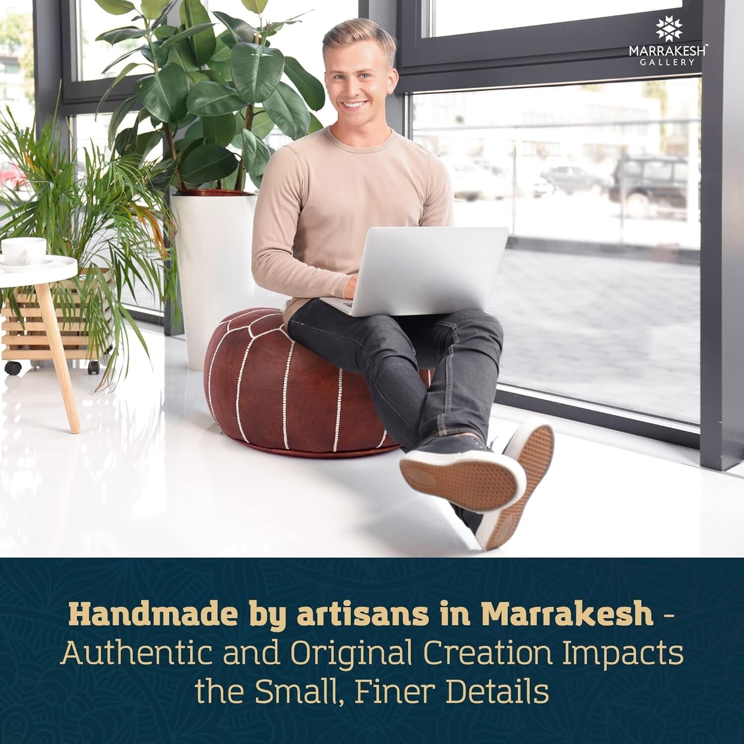 Eco-Friendly Leather Pouf Ottoman Cover - Handmade Bohemian Decor for Every Room