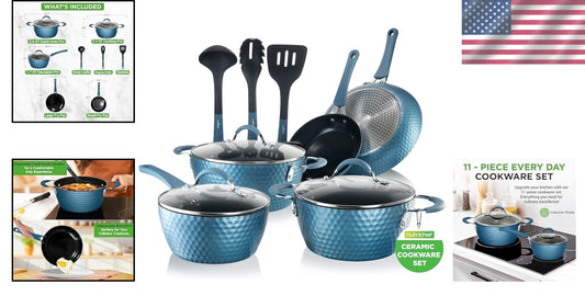 Elegant 11-Piece Non-Stick Ceramic Cookware Set in Royal Blue - Induction Ready