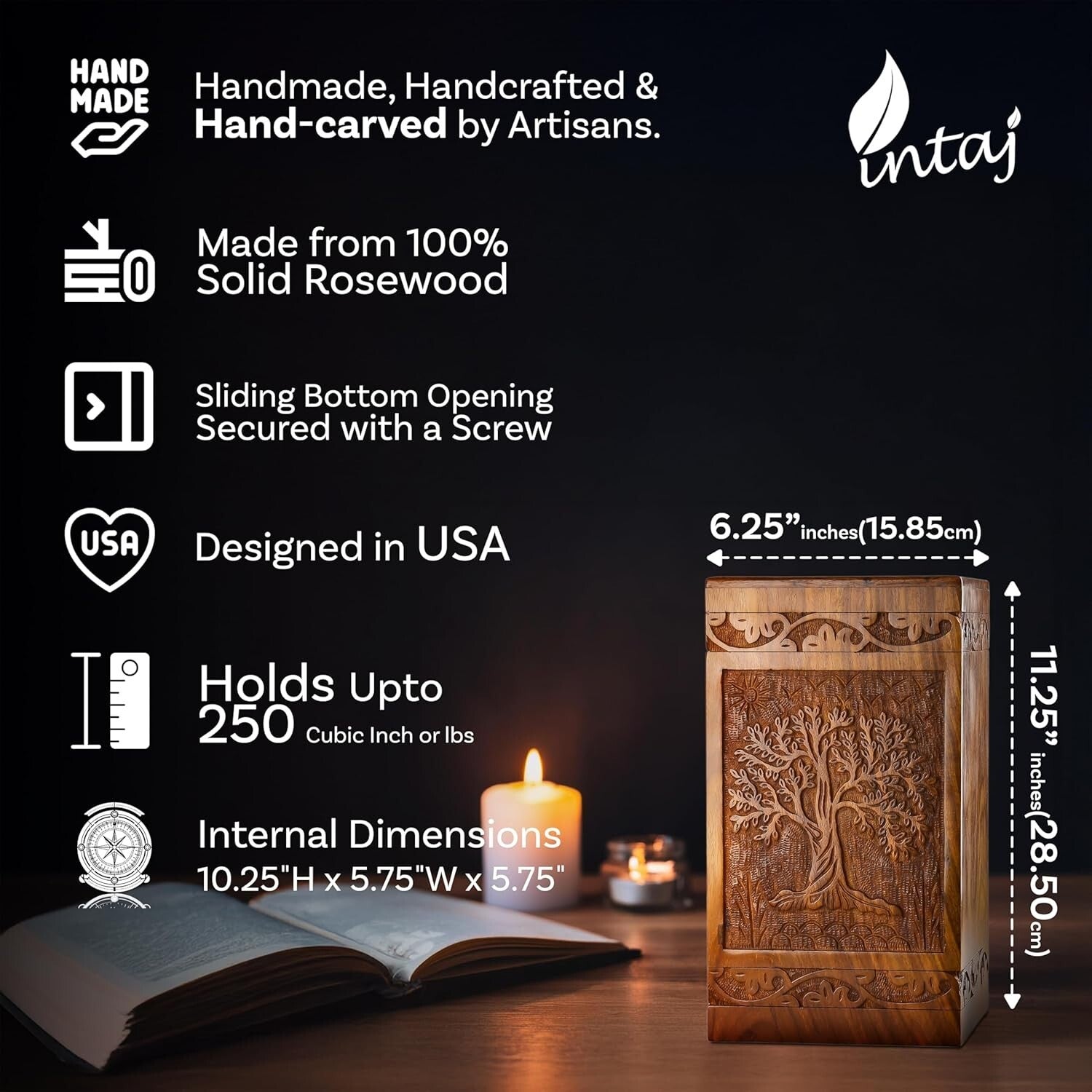 Rosewood Cremation Urn for Adult Ashes, 250 Cu In Capacity - Beautiful Tribute