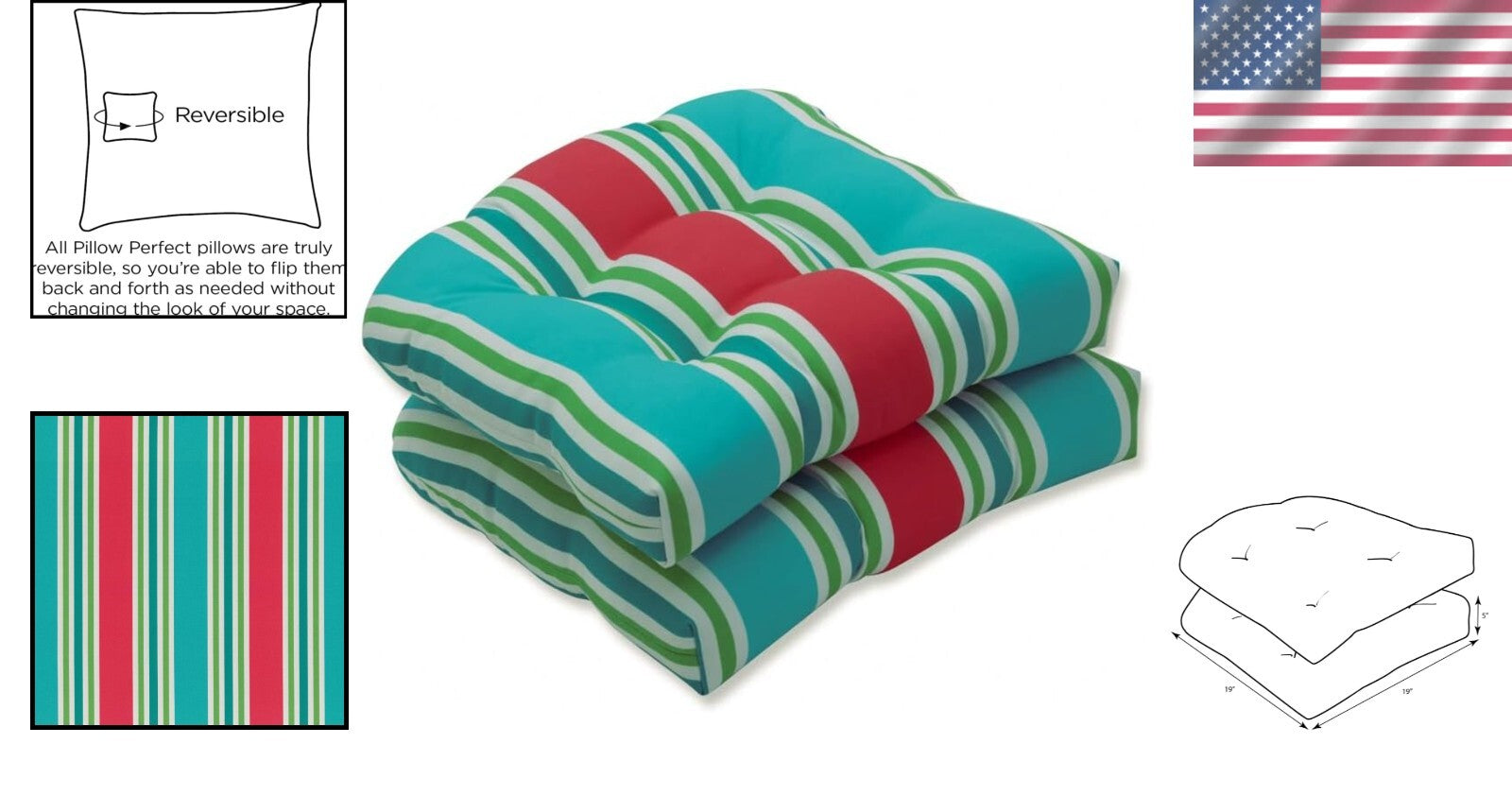 Durable Tufted Chair Cushions for Indoor & Outdoor Use, 19"x19", Striped Design