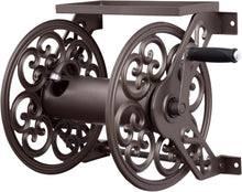 Load image into Gallery viewer, Compact Wall-Mounted Bronze Garden Hose Reel - Includes Tool Shelf &amp; Leader Hose