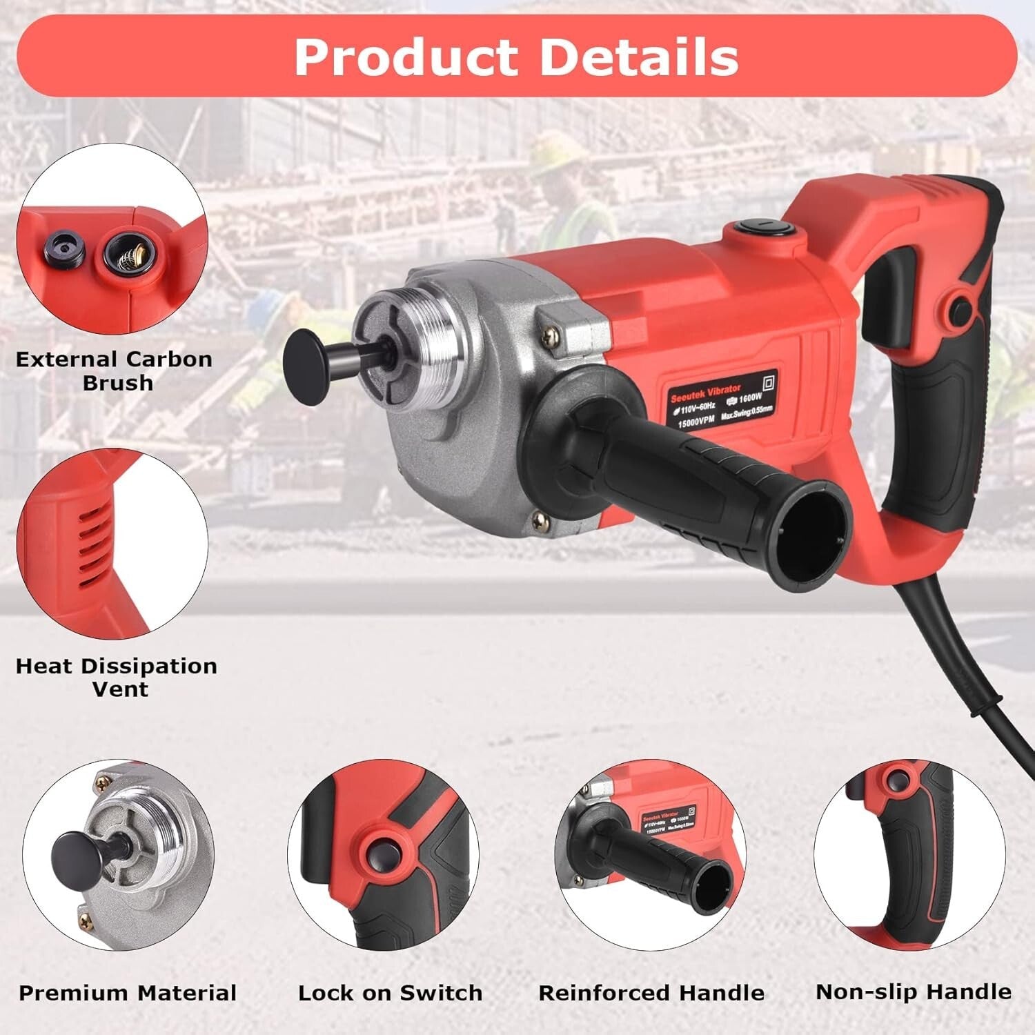 Industrial Handheld Concrete Vibrator with Extended Reach & Accessories Included