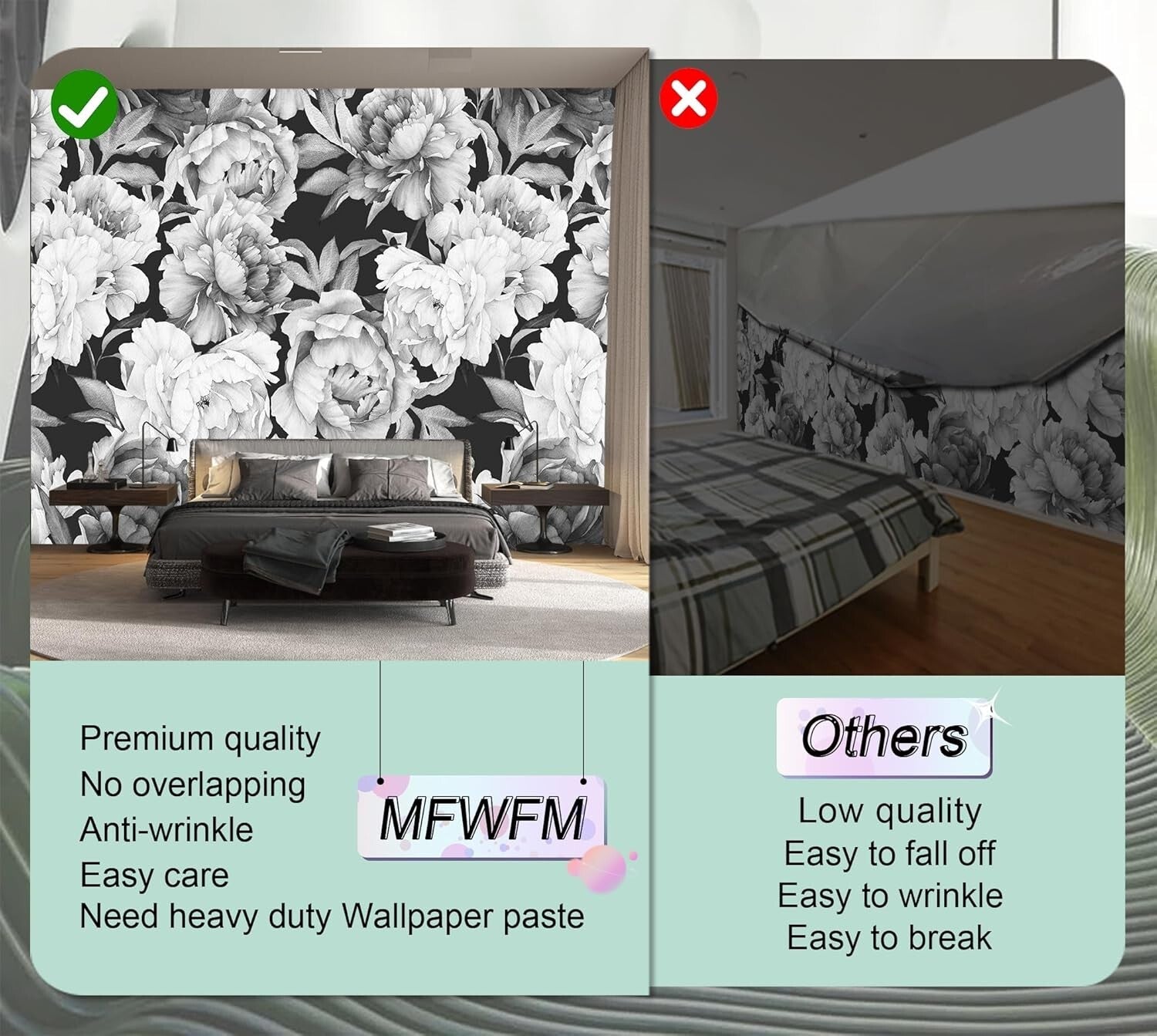 Watercolor Peonies Wallpaper Mural in Elegant Design - 7 Easy-Install Strips