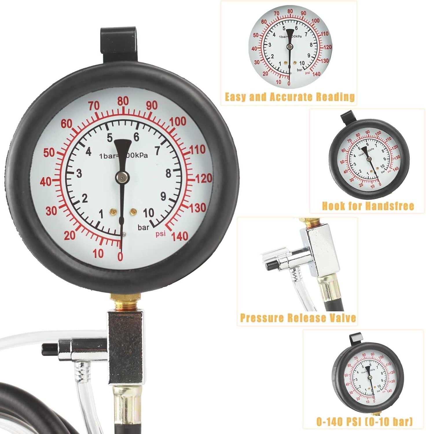 High-Precision 0-140 PSI Fuel Pressure Gauge Kit with Adapters & Tubing - 45PCS