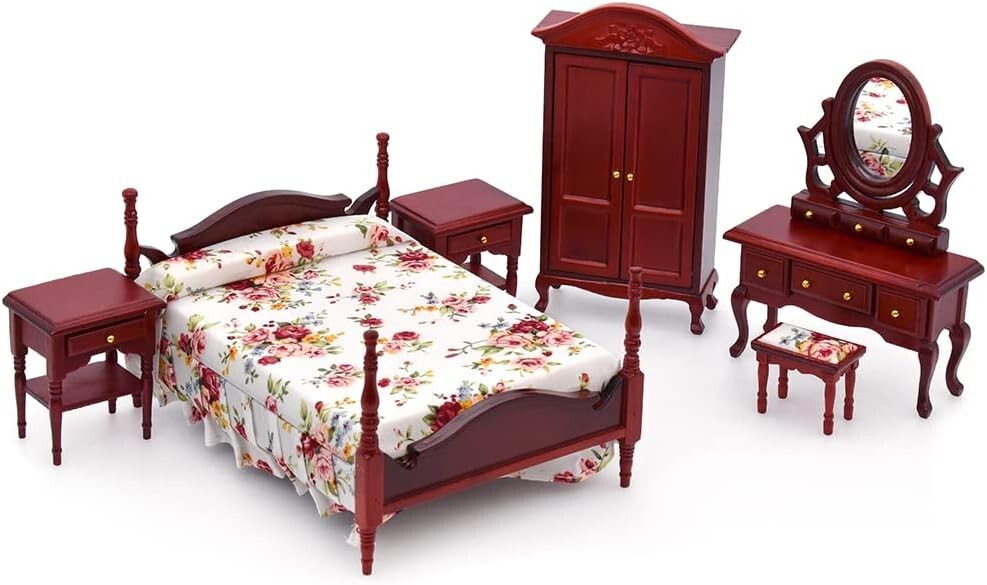 6-Piece Mahogany Dollhouse Furniture Set - Includes Bed, Wardrobe & More