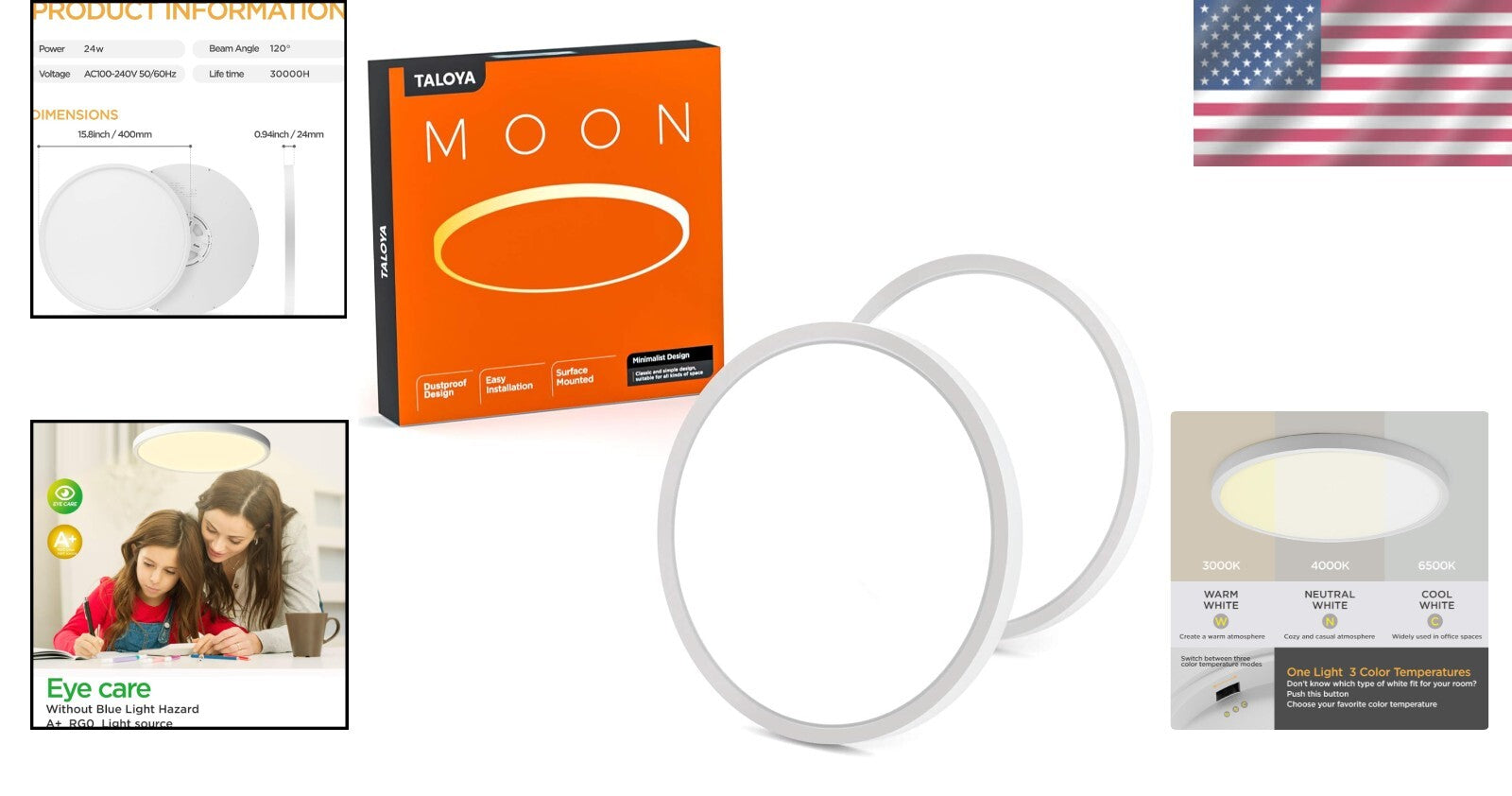 2 Pack Flush Mount LED Ceiling Lights 15.8" - 240W Equivalent with 3-Tone CCT