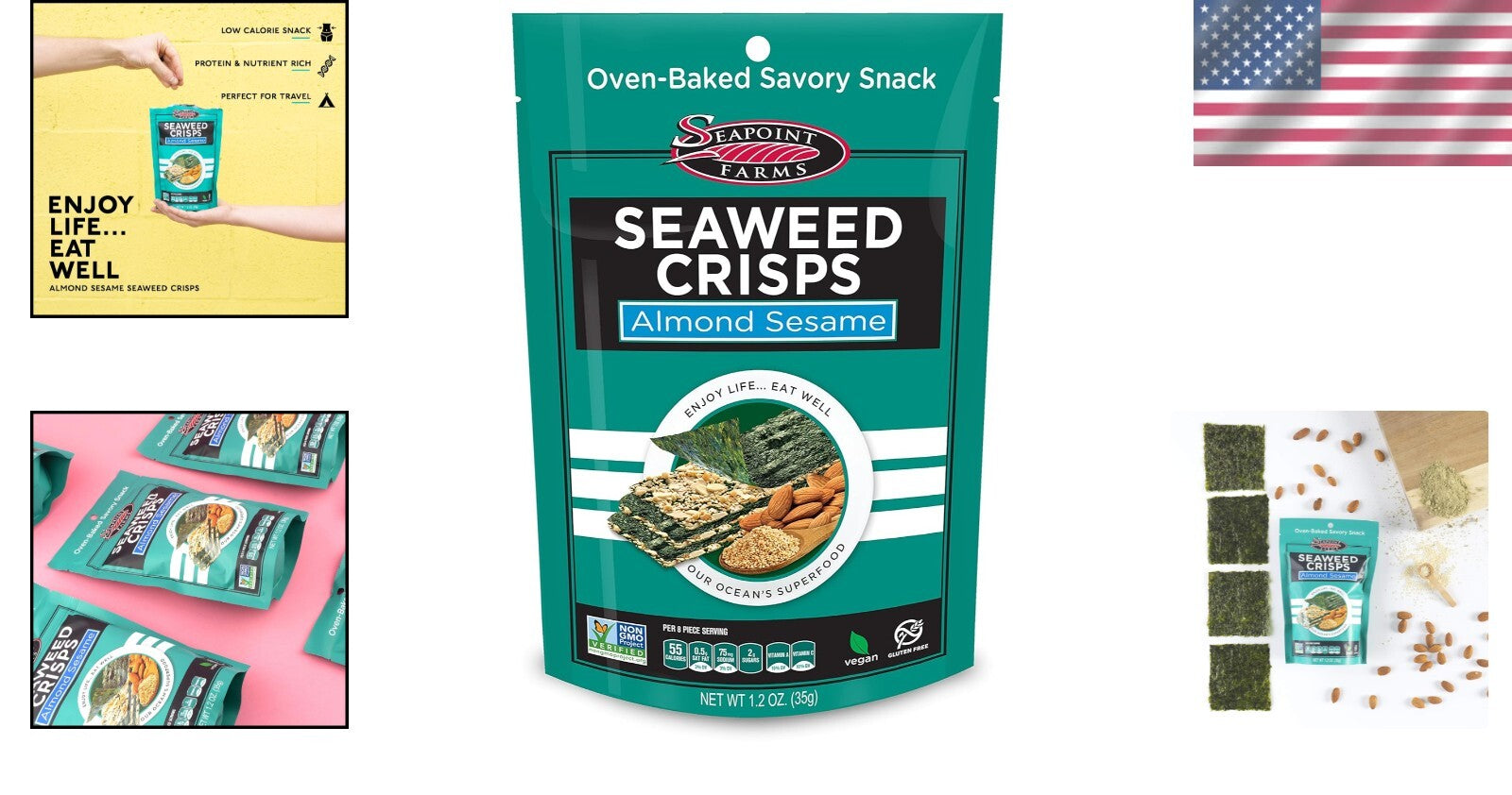 Delicious Seaweed Crisps - Almond Sesame, Vegan & Gluten-Free Snack Pack of 12