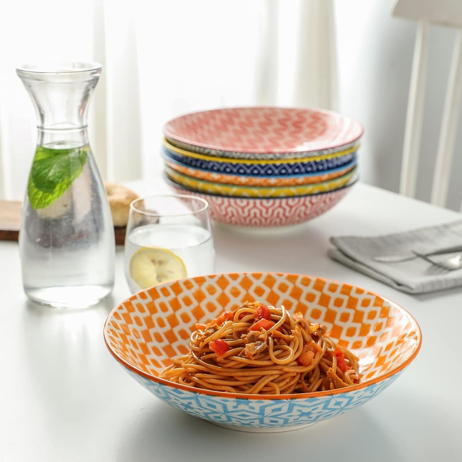 Durable Colorful 9-Inch Pasta & Salad Bowls - Set of 6, Oven & Microwave Safe