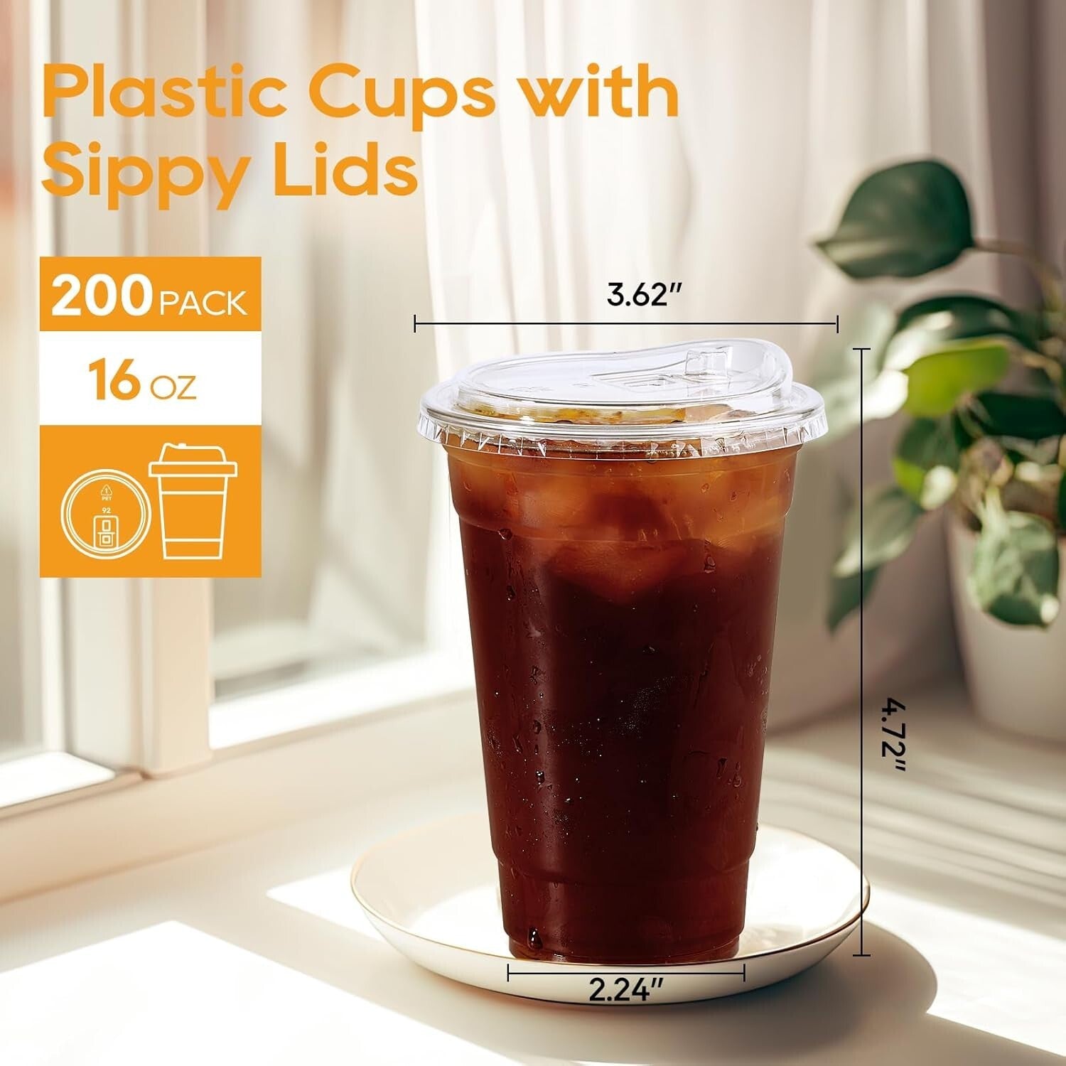 200 Sets of 16 oz Clear Plastic Cups with Strawless Lids - Leak-Proof Design