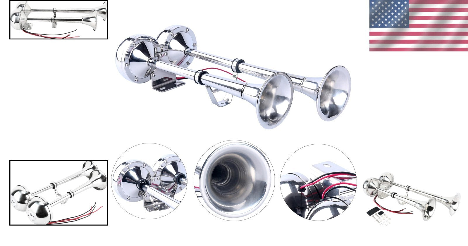 Durable Stainless Steel 12V Dual Trumpet Horn - 125dB for Marine & Auto Use