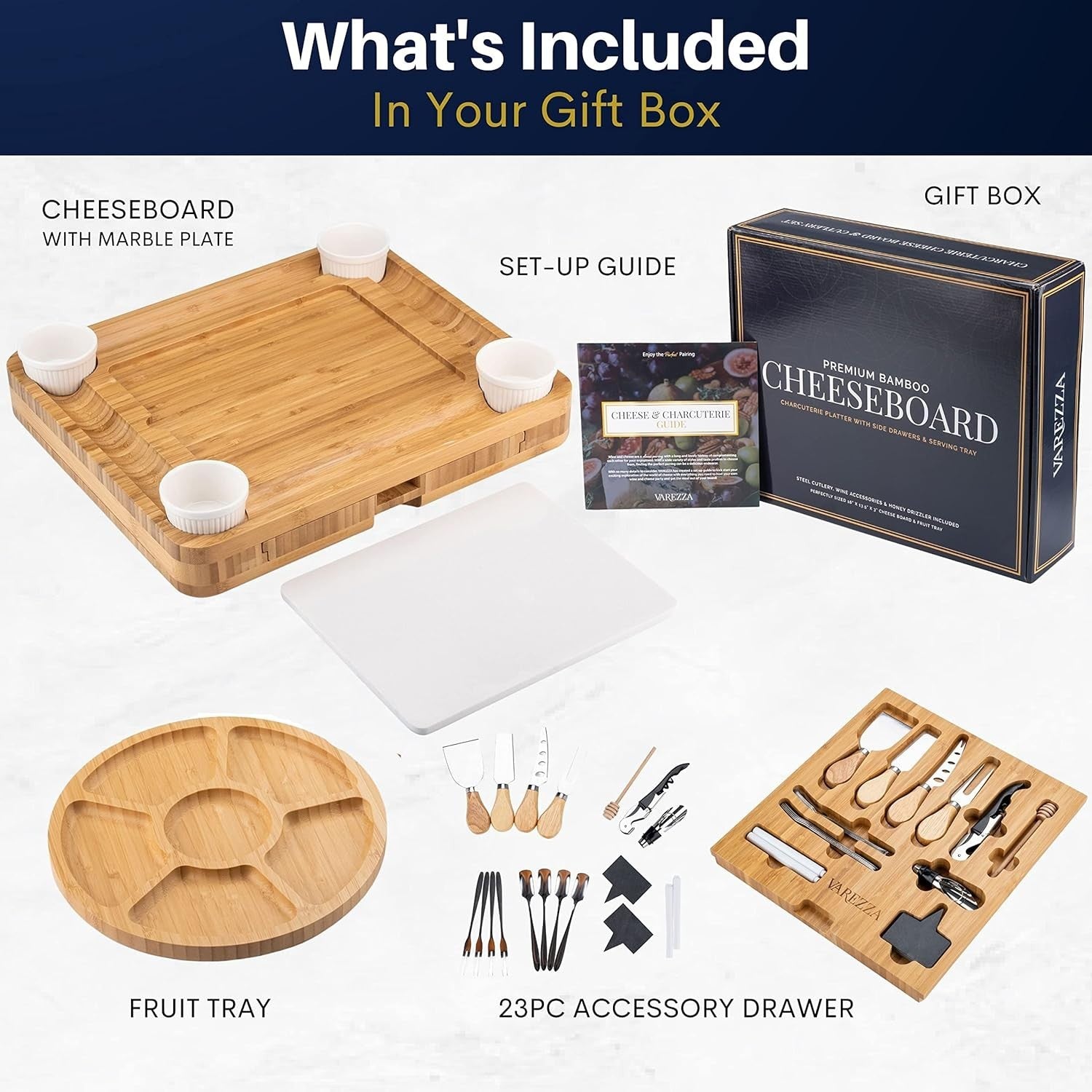 Extra Large Marble & Bamboo Charcuterie Board Set - 27 Entertaining Accessories