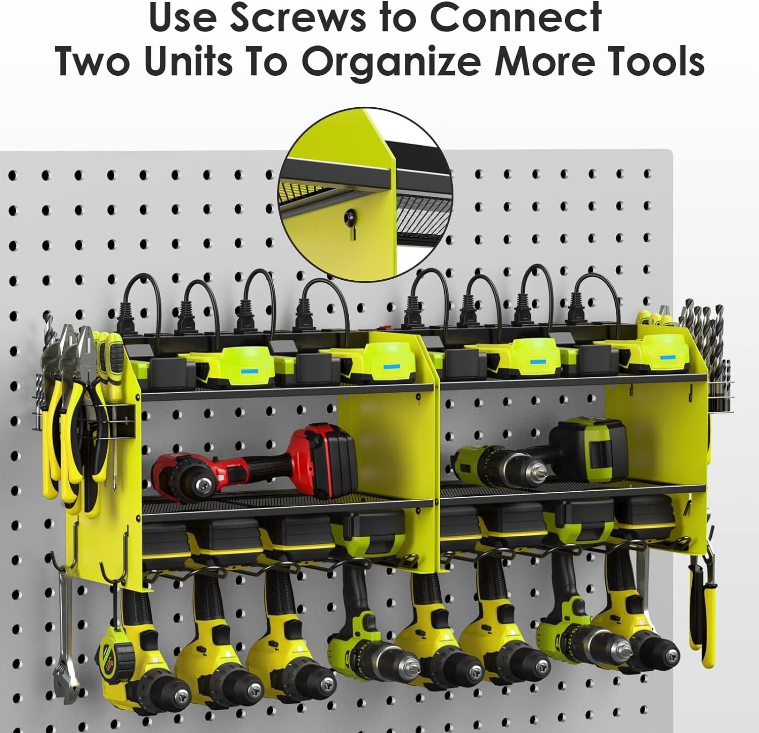 Efficient Power Tool Wall Organizer with 4 Slots, Hooks, and Surge Protection