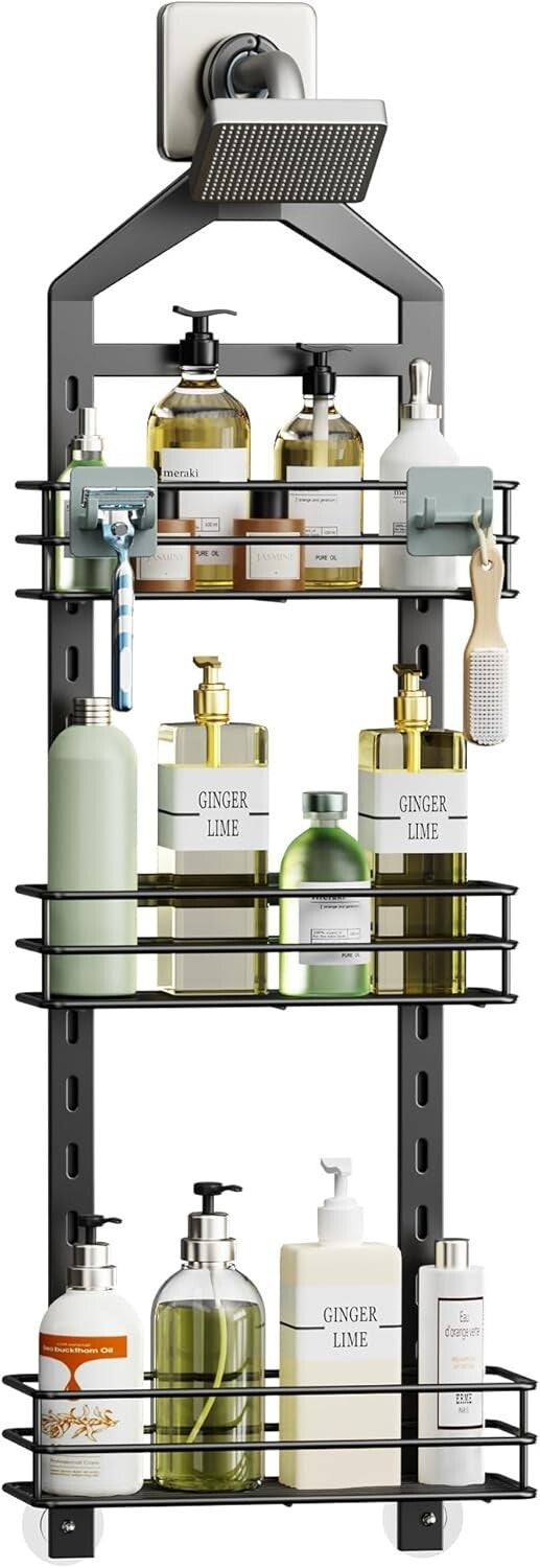 3-Tier Rust-Resistant Shower Caddy with Adjustable Shelves – Black Hanging Rack