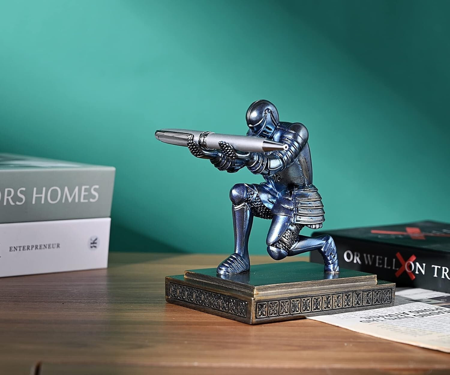 Creative Knight Desk Organizer with Blue Resin Holder and Fancy Pen Included