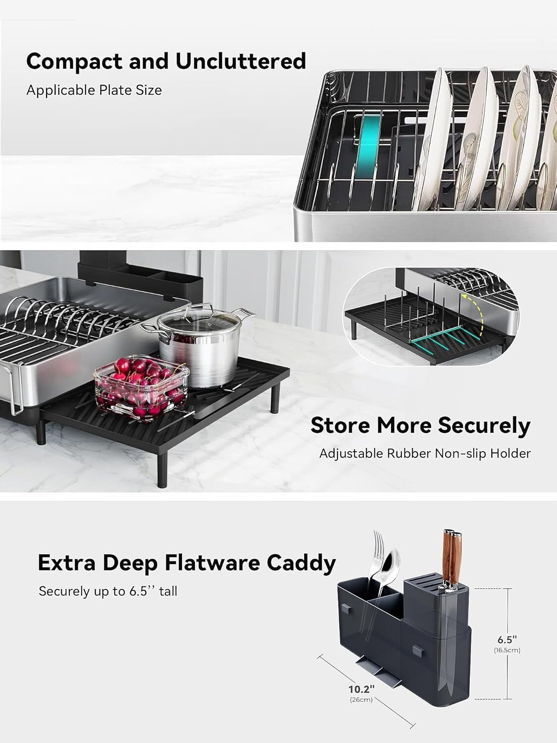 Black Expandable Dish Rack with Flip-Up Holders - 304 Stainless Steel Durability