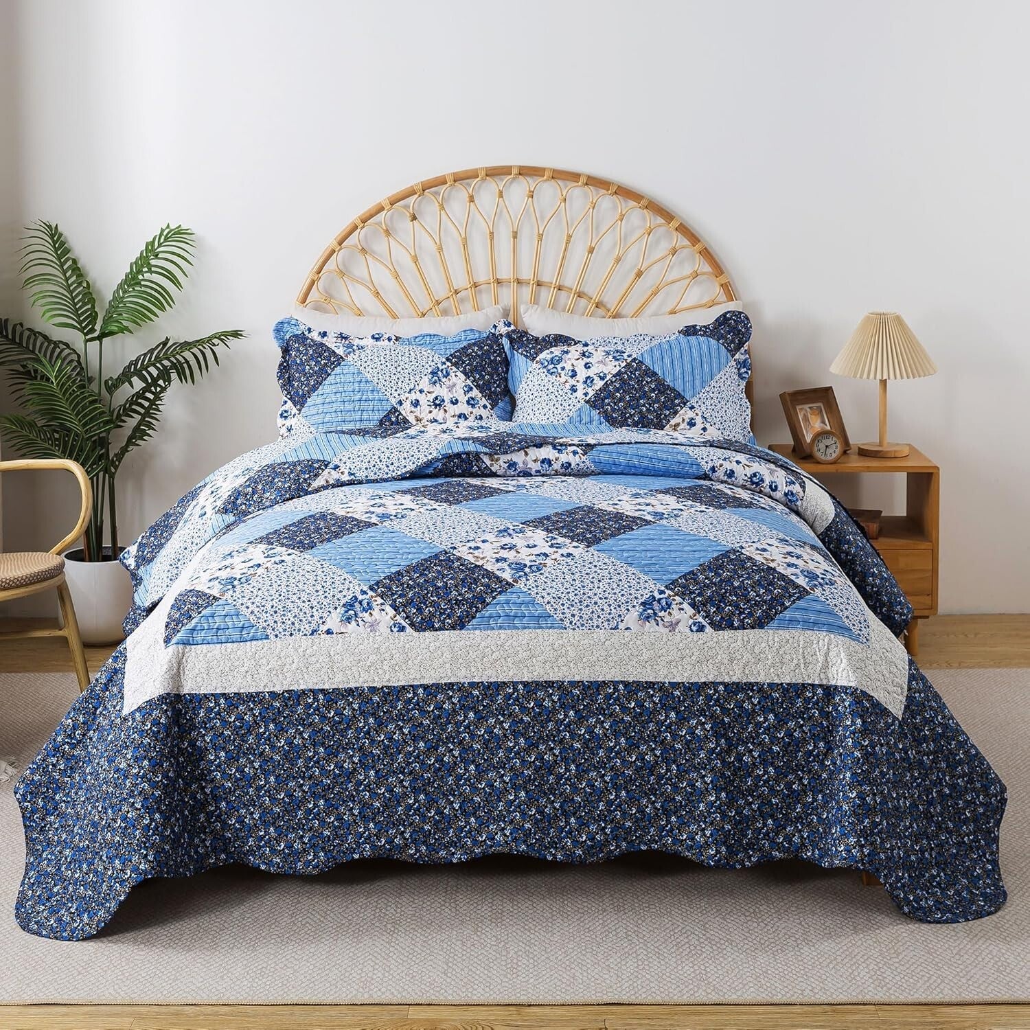California King Quilt Set - 120x120 Blue Rustic Floral Bedspread & 2 Pillowcases