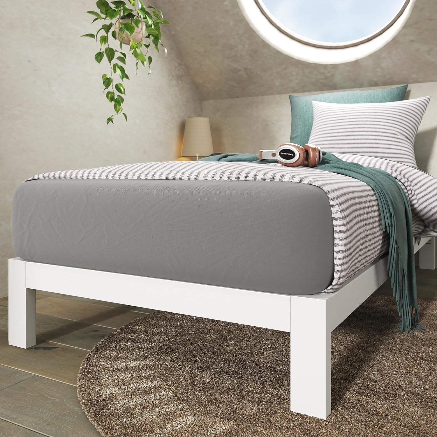 Arnav Twin Bed Frame in White – Strong Steel Construction, Headboard Compatible