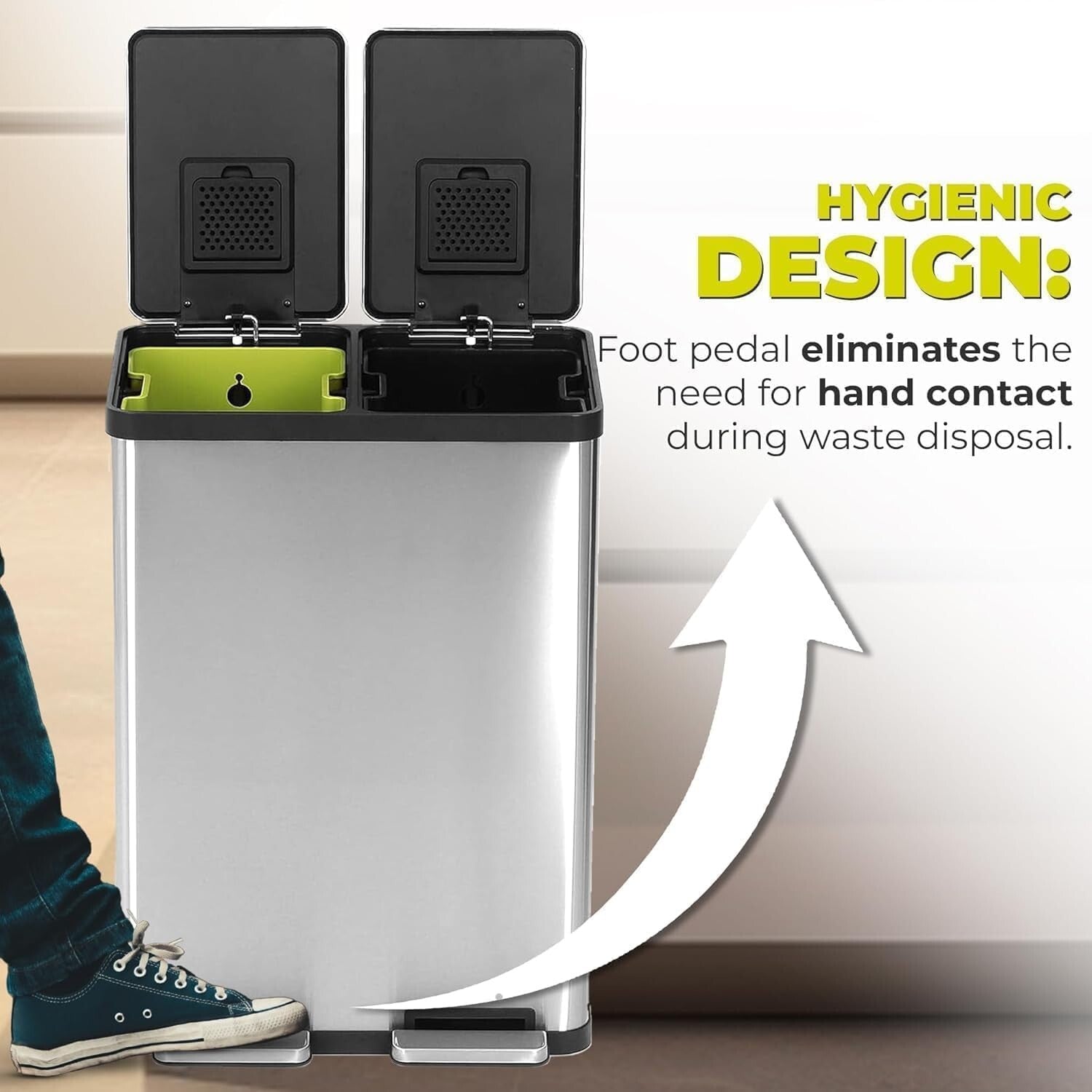 60L Hands-Free Dual Compartment Stainless Steel Recycling Trash Can - Silver