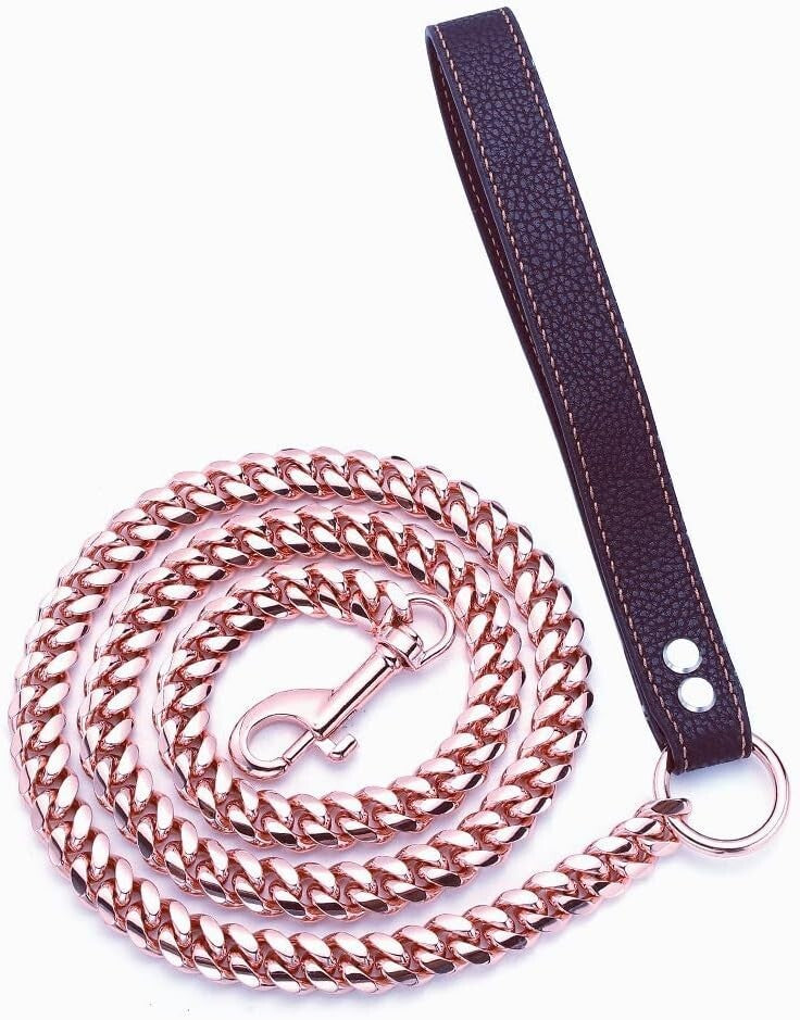 Rose Gold Chew Proof Dog Leash - Stylish 14MM Cuban Link - 3FT/4FT/5FT Options