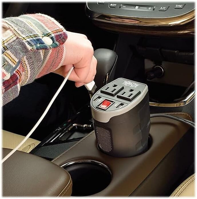 200W Car Power Inverter with Dual AC Outlets & USB Ports - Cup Holder Design