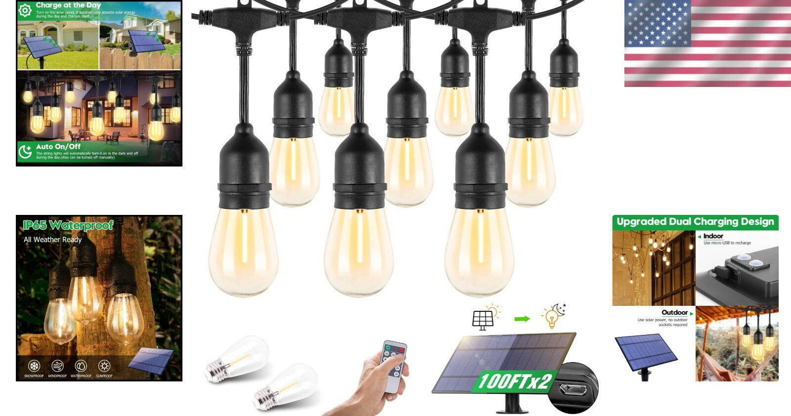 Warm White Outdoor Solar String Lights - 30 Shatterproof Sockets, 5 Modes