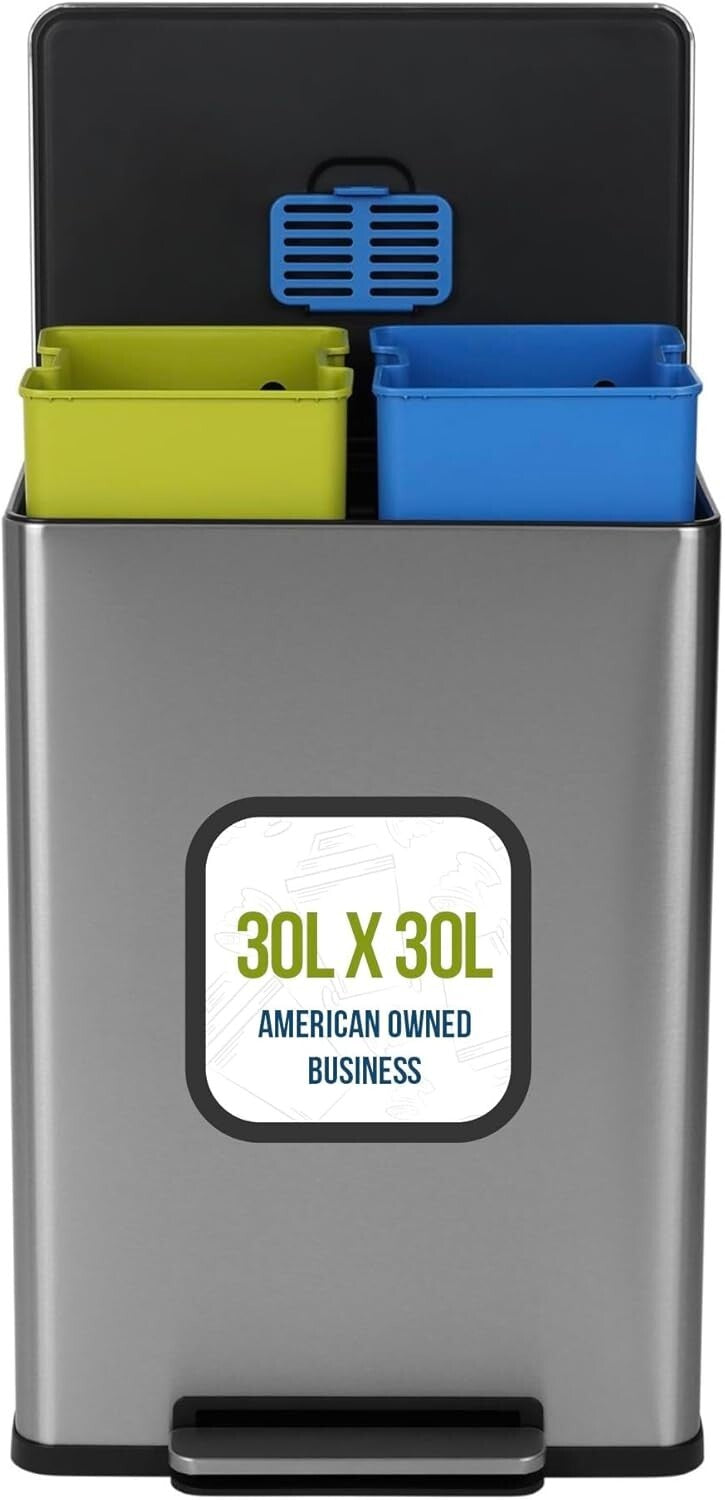 Polished 16 Gallon Rectangular Recycling Bin with Soft-Close and Odor Control