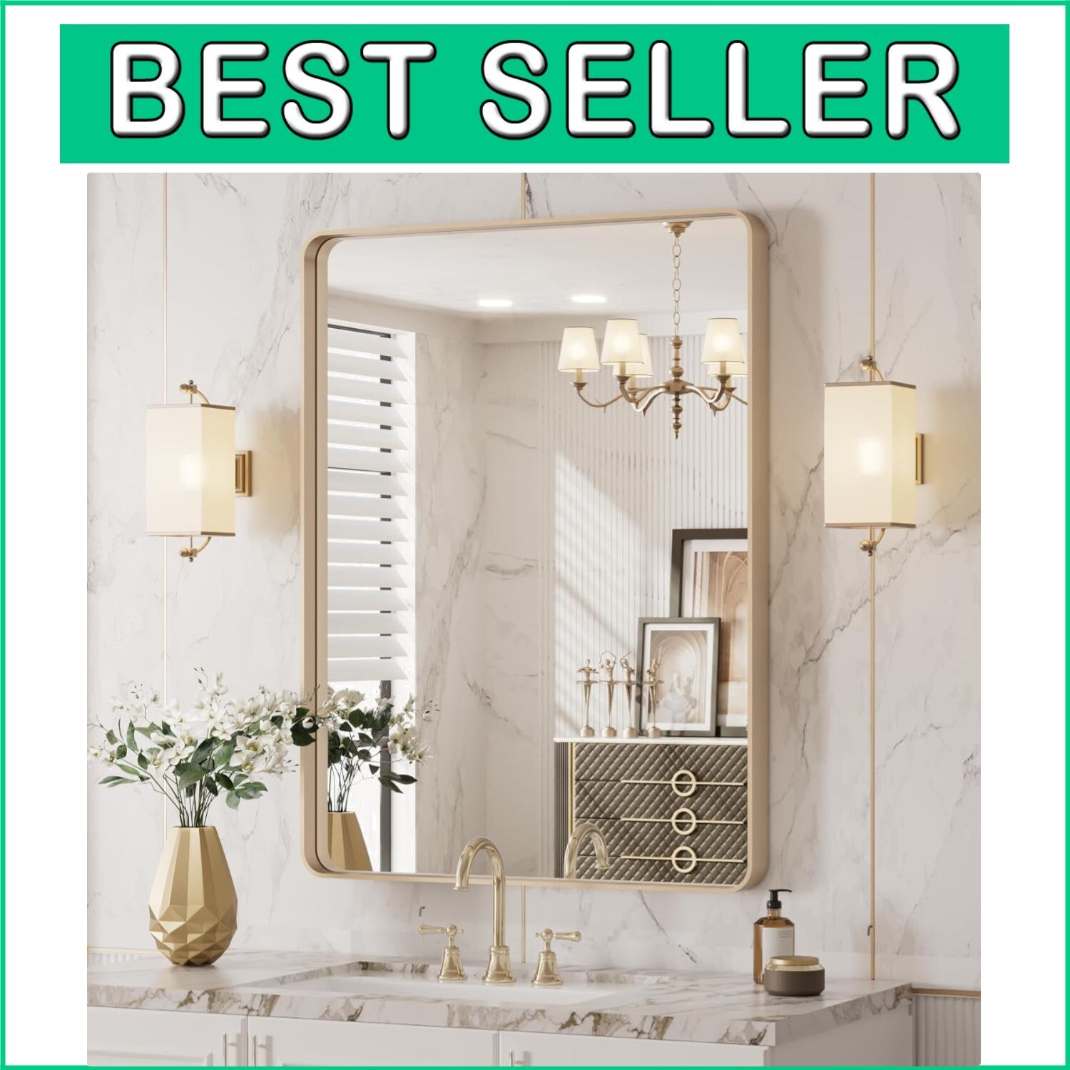 Stylish 20”x30” Gold Frame Wall Mirror - Ideal for Bathroom or Living Spaces