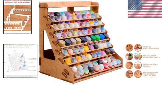 Wooden Paint Organizer for 87 Bottles & 14 Brushes - Ideal for Miniature Artists