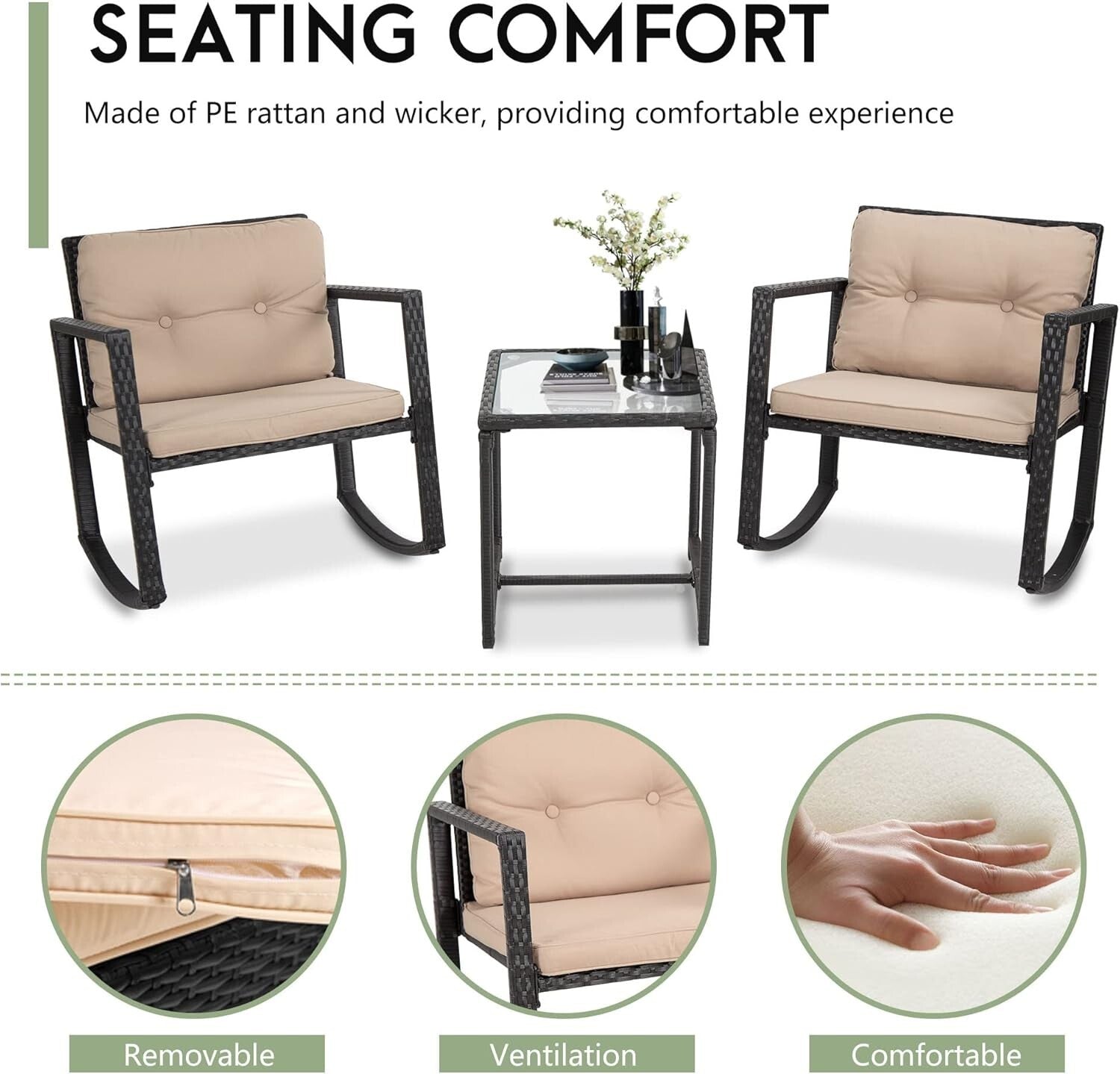 All-Weather 3 Piece Rattan Conversation Set - Black Bistro Chairs & Table