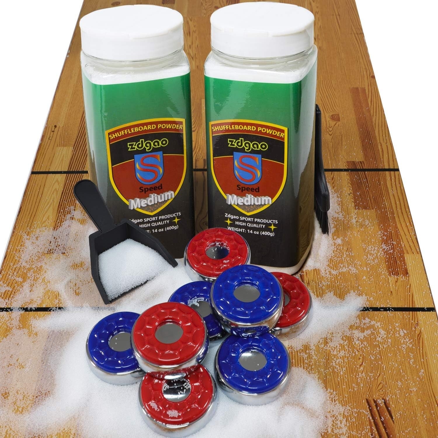 Complete Shuffleboard Accessories Bundle: 8 Pucks, Wax & Mini Brush Set