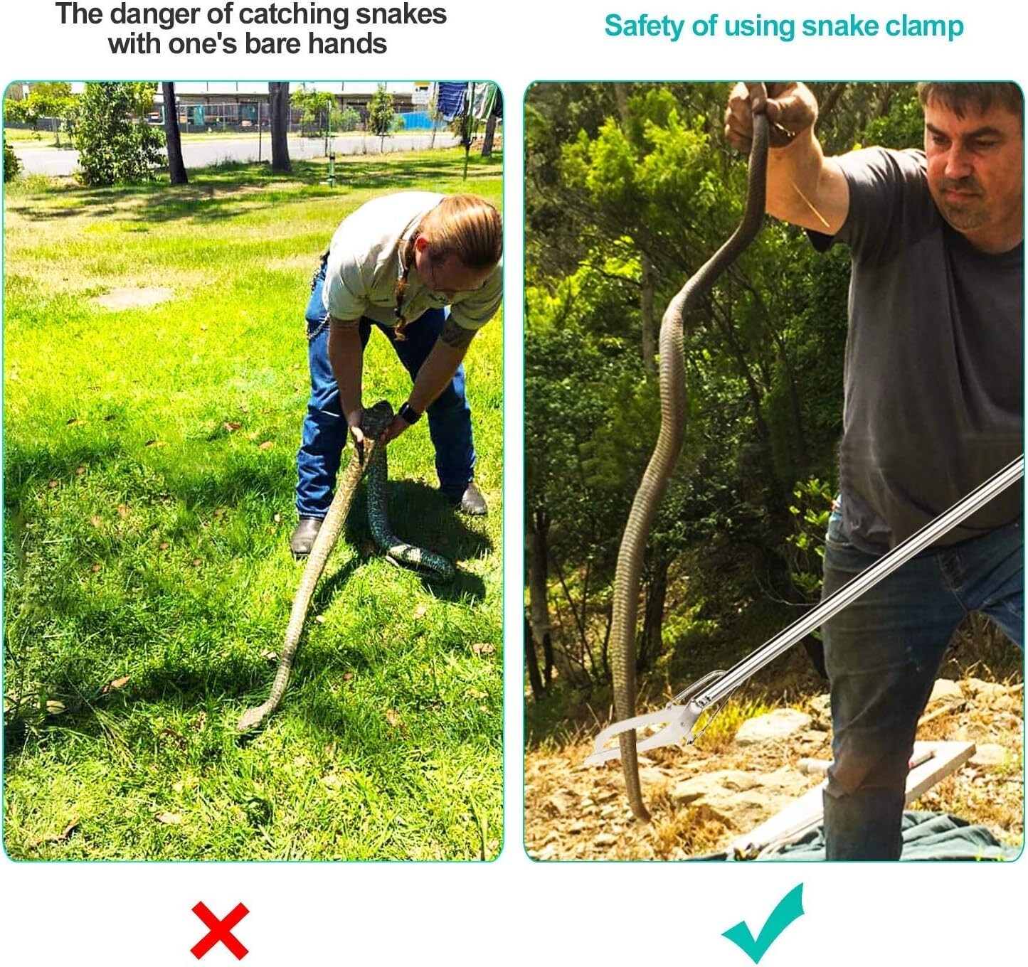 Extra Long 60” Stainless Steel Snake Tongs with Non-Slip Grip - Catch Humanely