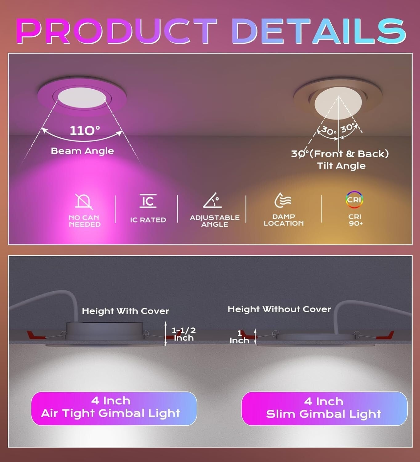 WiFi Compatible 4-Inch Recessed Smart Lights - Alexa/Google Control, Pack of 4