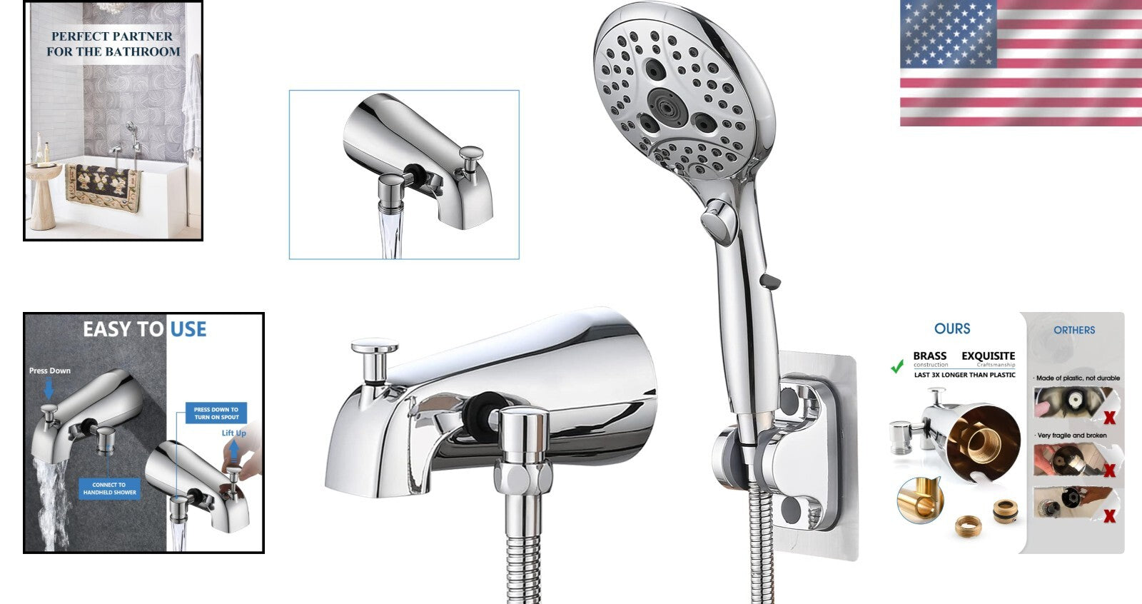Durable All-Metal Tub Spout with 6 Settings Shower – Hassle-Free Installation