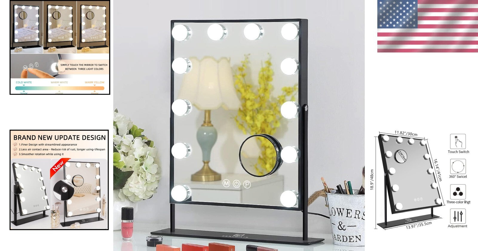 Elegant Black Glam Makeup Mirror - 3 Colors & Detachable 10X Magnification