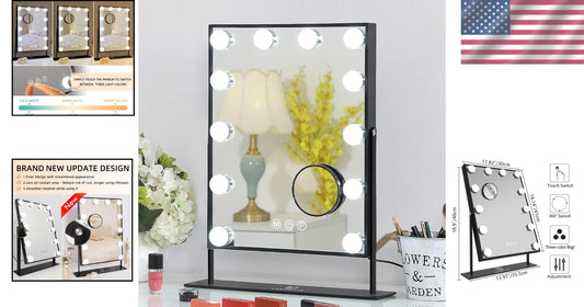 Elegant Black Glam Makeup Mirror - 3 Colors & Detachable 10X Magnification