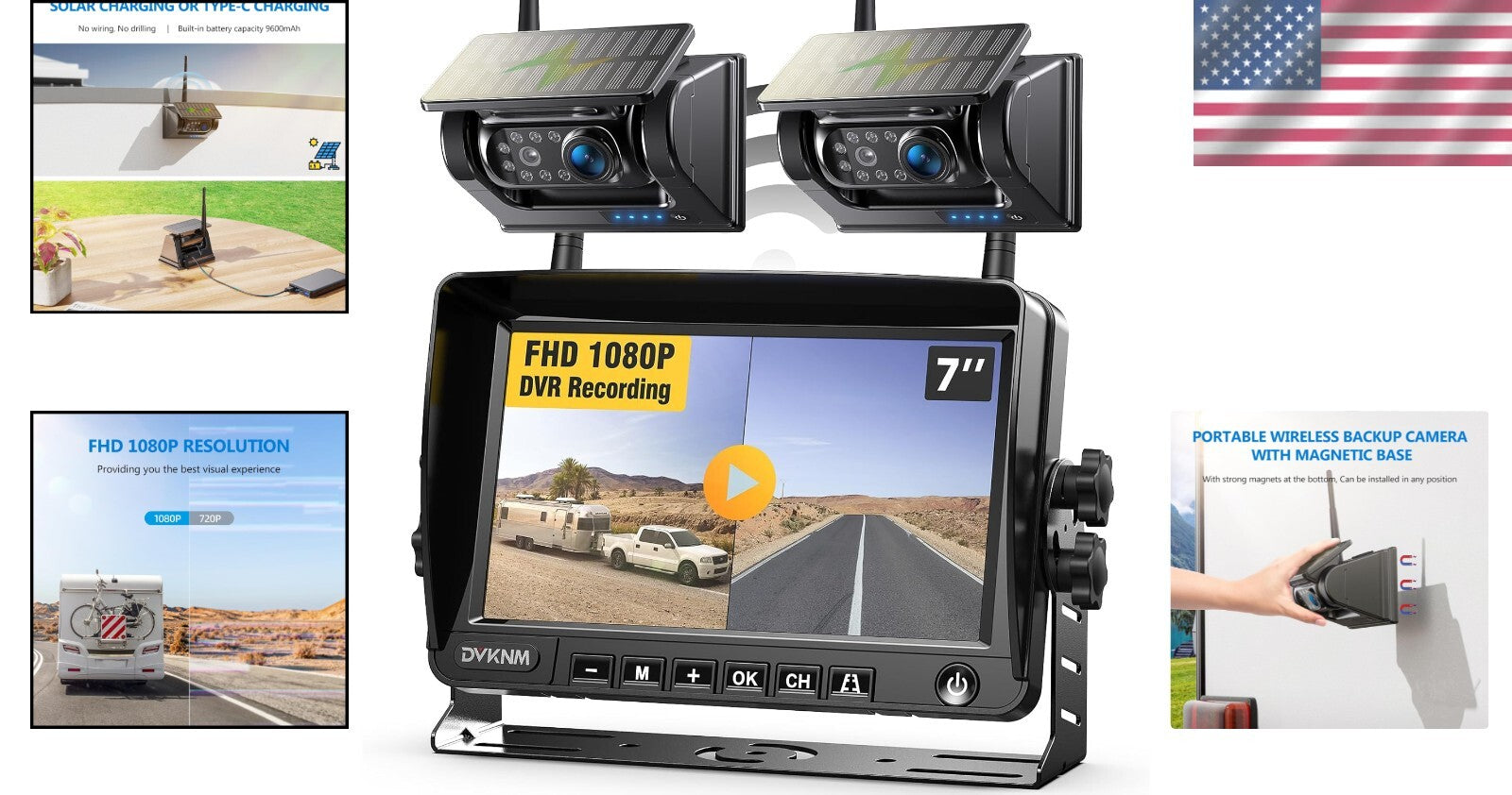 1080P Solar Wireless Backup Camera with Night Vision & DVR - 328ft Range